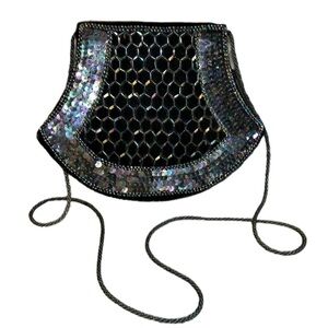 Vintage Black Velvet Crossbody Evening Bag with Iridescent Beads and Sequins